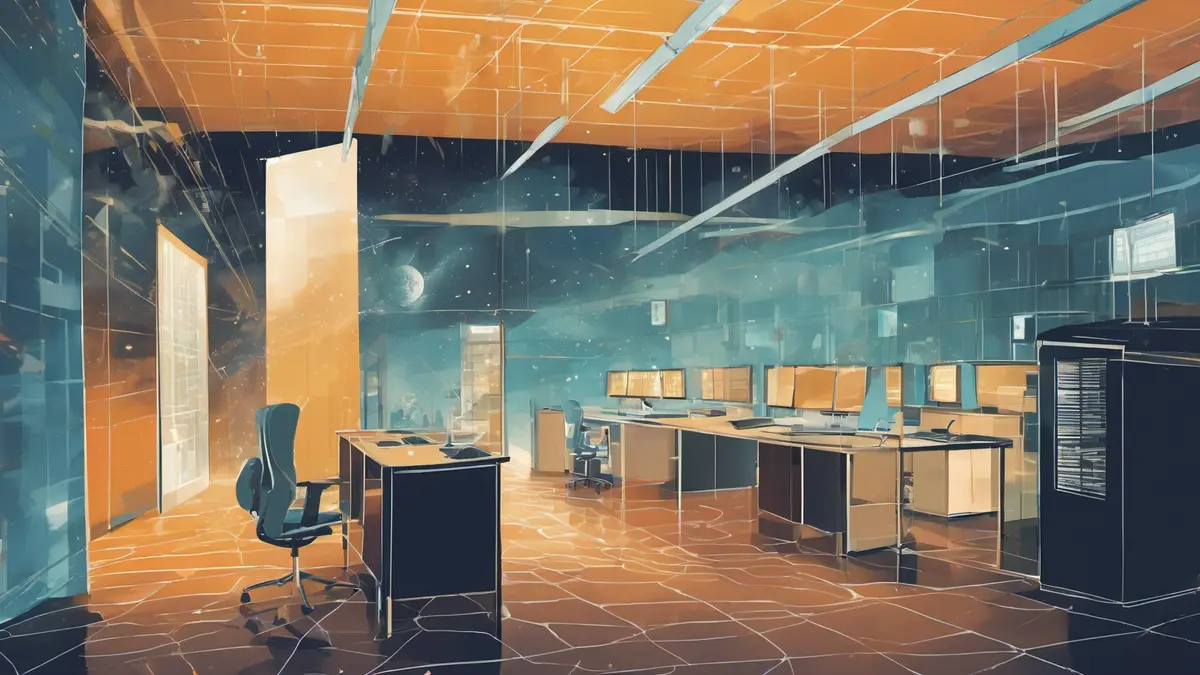Abstract editorial illustration of a secure open-source code archive being scanned by protective beams in a server room.