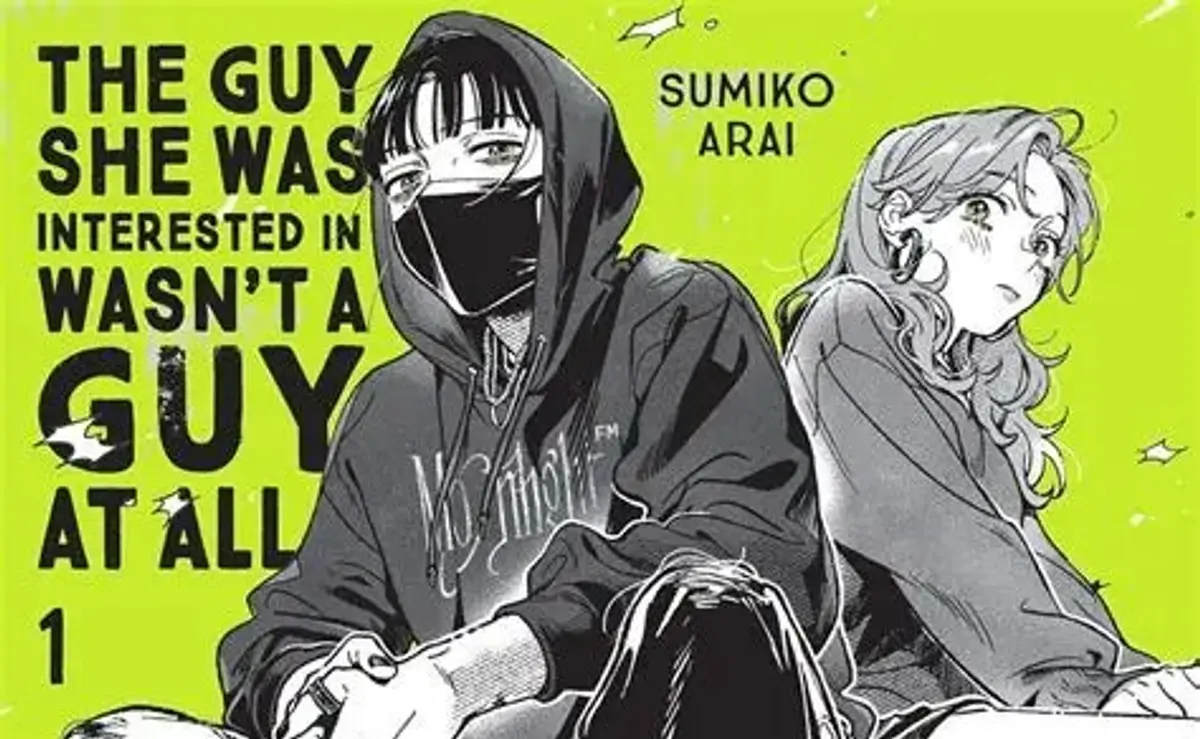 The Guy She Was Interested in Wasn’t a Guy artwork by Sumiko Arai showing Mitsuki and Aya together against a vivid green background.