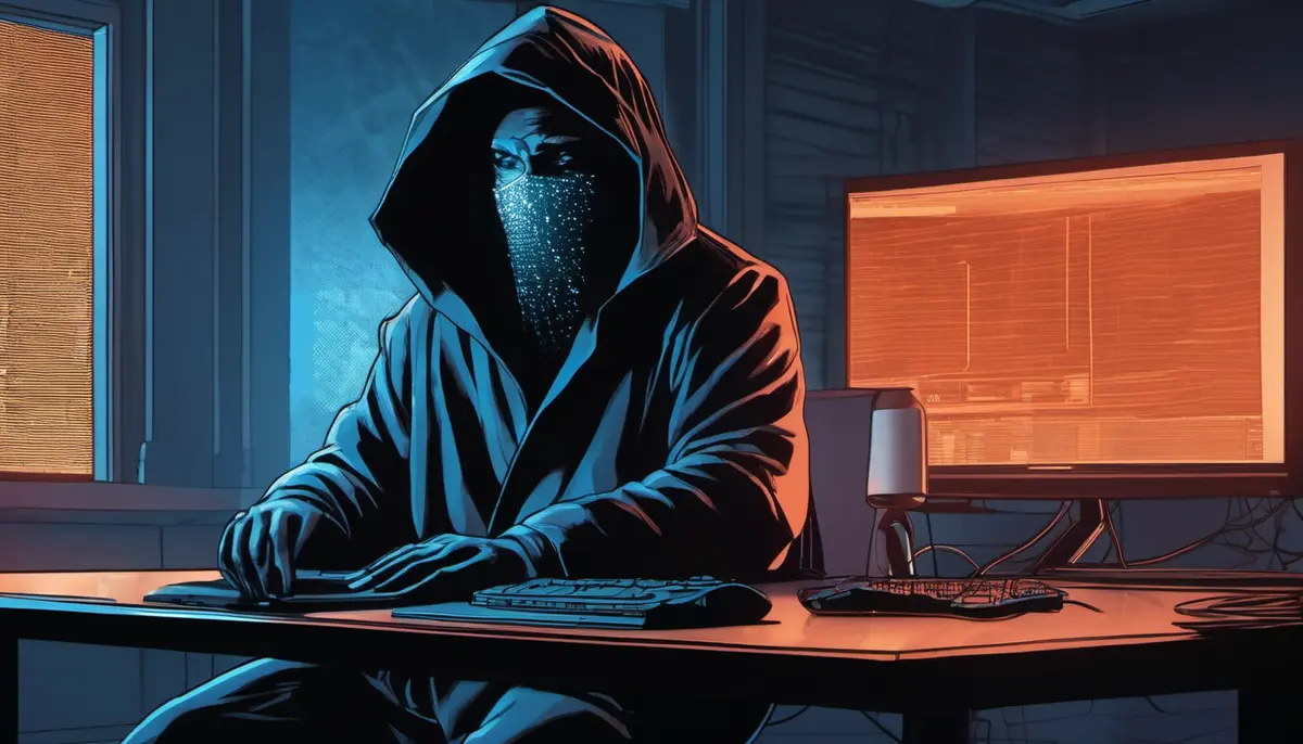 A hooded figure seated in a dark room working at a laptop, lit by the cold blue glow of the screen, with a second monitor glowing amber in the background