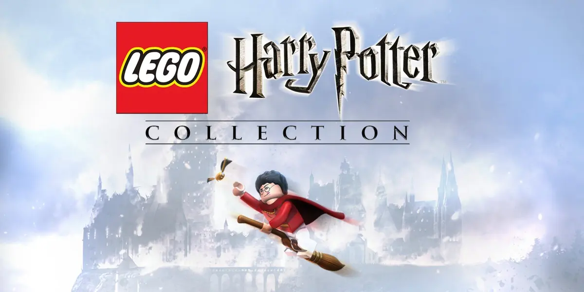 LEGO Harry Potter Collection artwork showing the LEGO logo, Harry Potter flying on a broomstick and Hogwarts in the background.