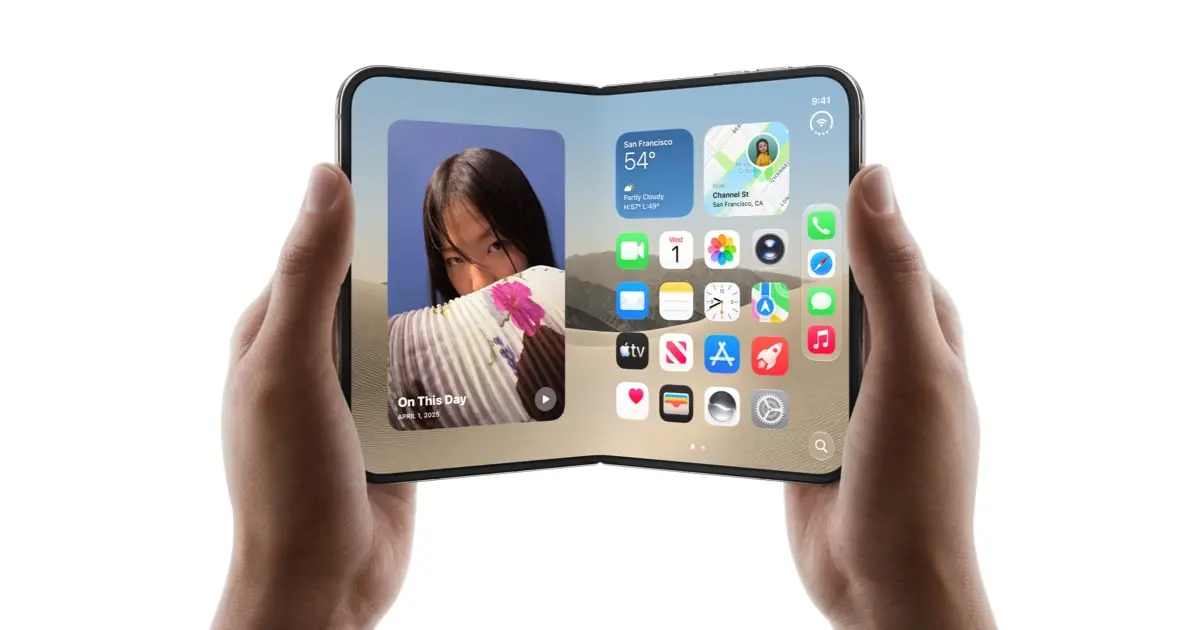 Apple iPhone Duo opened to show its large inner display beside the compact outer screen.
