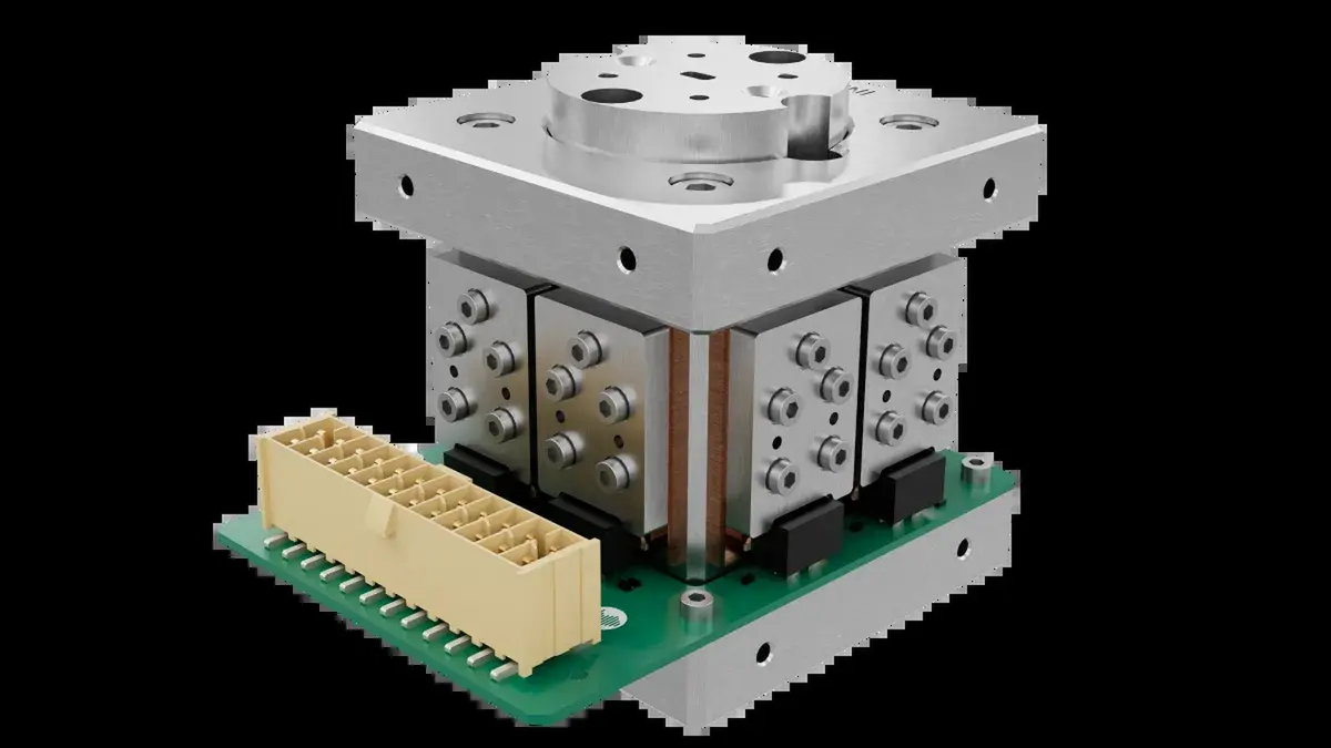 A Filtronic solid-state power amplifier: a machined aluminium housing mounted on a green circuit board with a yellow multi-pin connector.