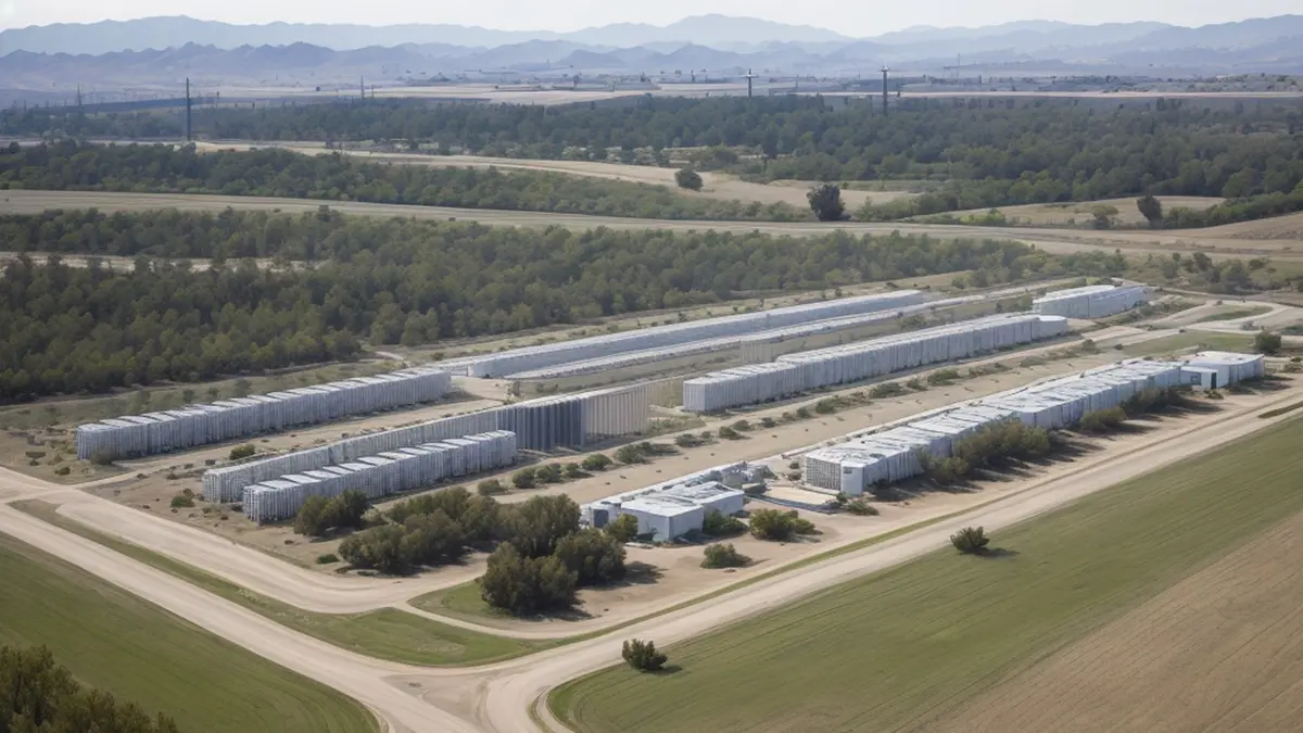 Aerial view of a sprawling campus of long, low white warehouse-style buildings laid out in rows across dry grassland and pale dirt roads, with irrigated green fields, scattered trees and distant transmission towers in front of hazy blue mountains.