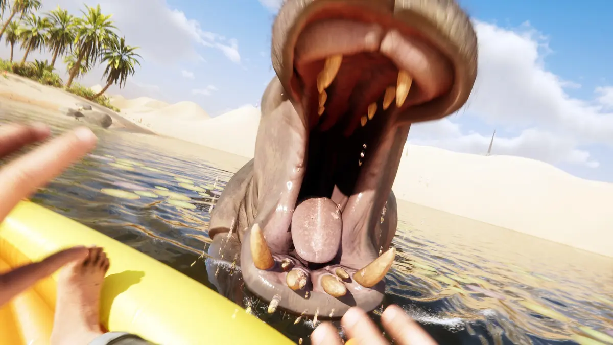 A stranded survivor faces a giant crocodile in a desert oasis in Stranded Deep 2.