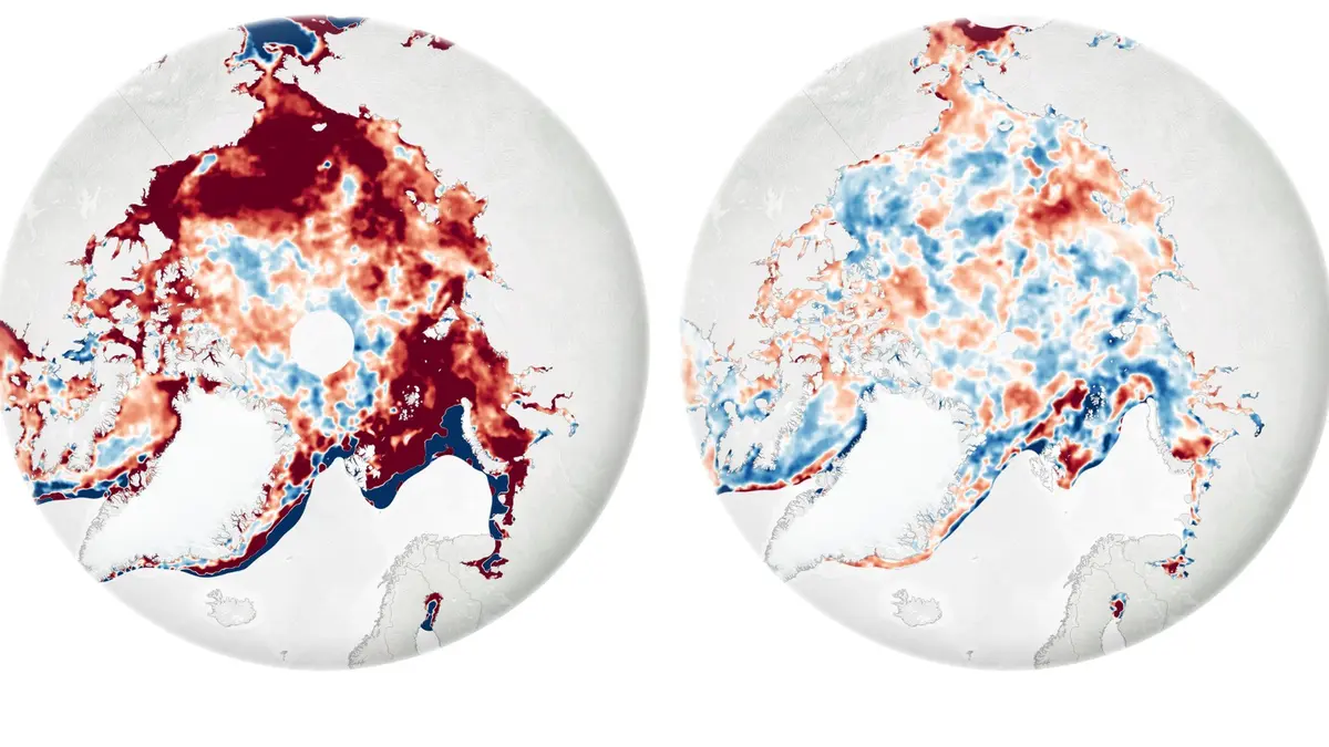 Two circular NASA maps of the Arctic Ocean side by side on a white background. The left map, covering 2000 to 2009, is dominated by deep red areas marking the fastest lengthening of the sea ice melt season; the right map, covering 2010 to 2023, mixes lighter reds with pale blue, showing more modest change.
