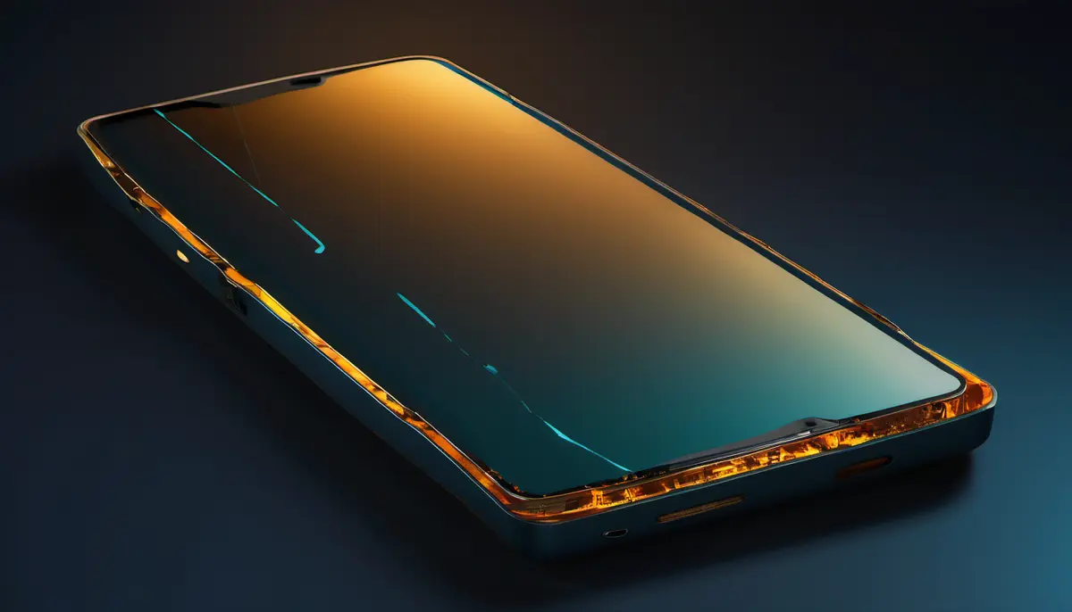 A single unbranded dark smartphone angled across a deep navy background, its screen glowing with an amber and teal gradient and a thin cyan fault line running across the display.