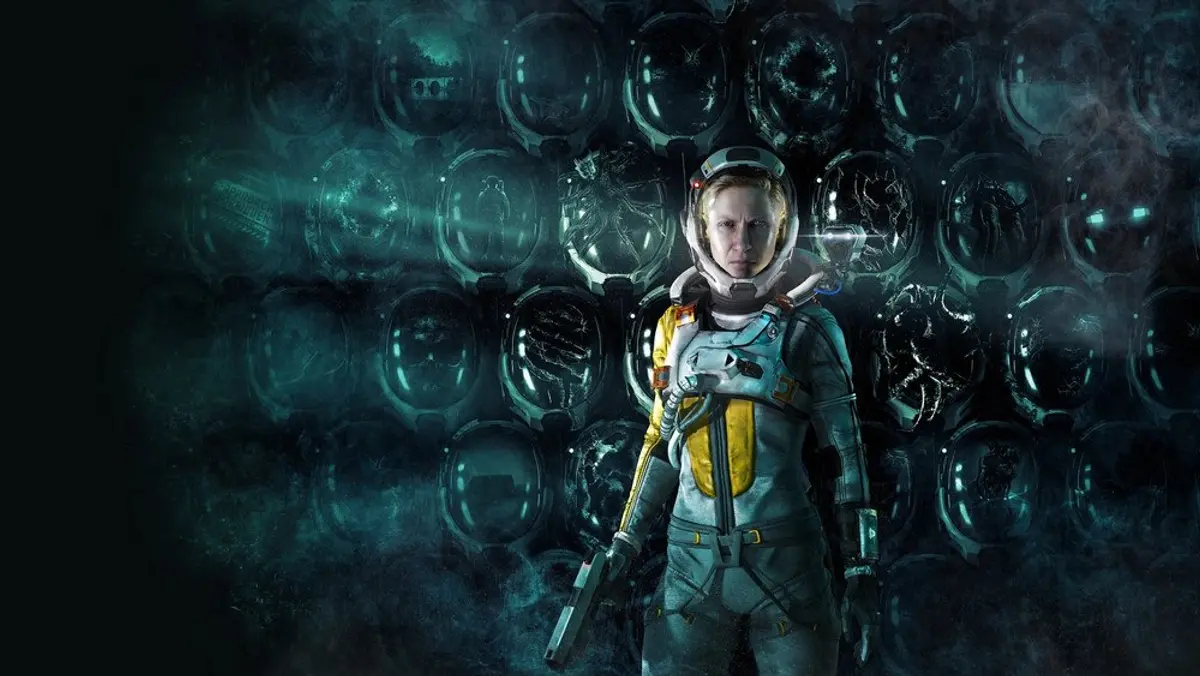 Returnal protagonist Selene standing in a dark alien environment, representing Housemarque’s PlayStation work.