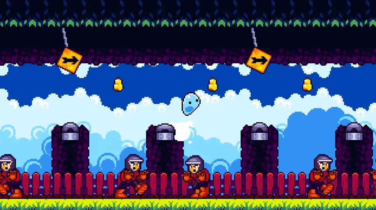 Key art for *Go Slimey Go!*, the pixel-art precision platformer from Tembac and Chabbie Studio.