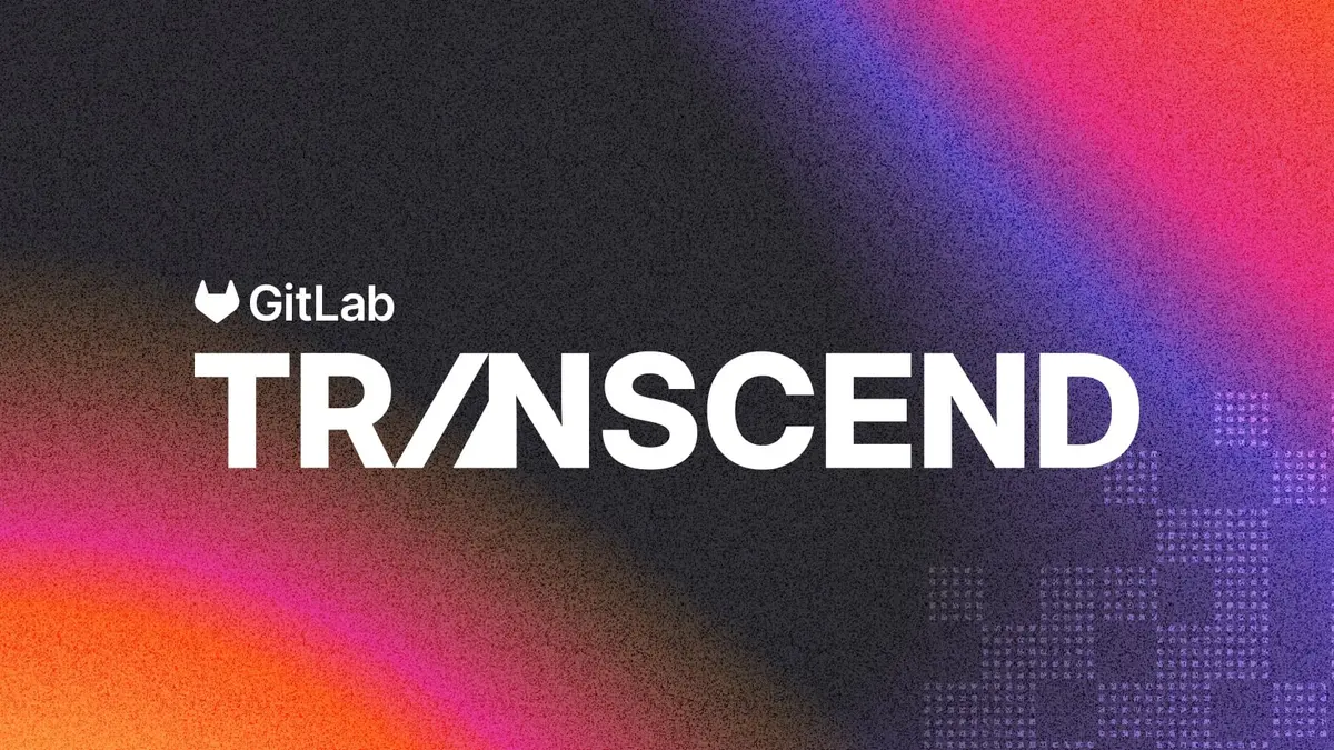 GitLab's Transcend event artwork: the GitLab logo above the word TRANSCEND in white on a dark background with pink, purple and orange gradients.