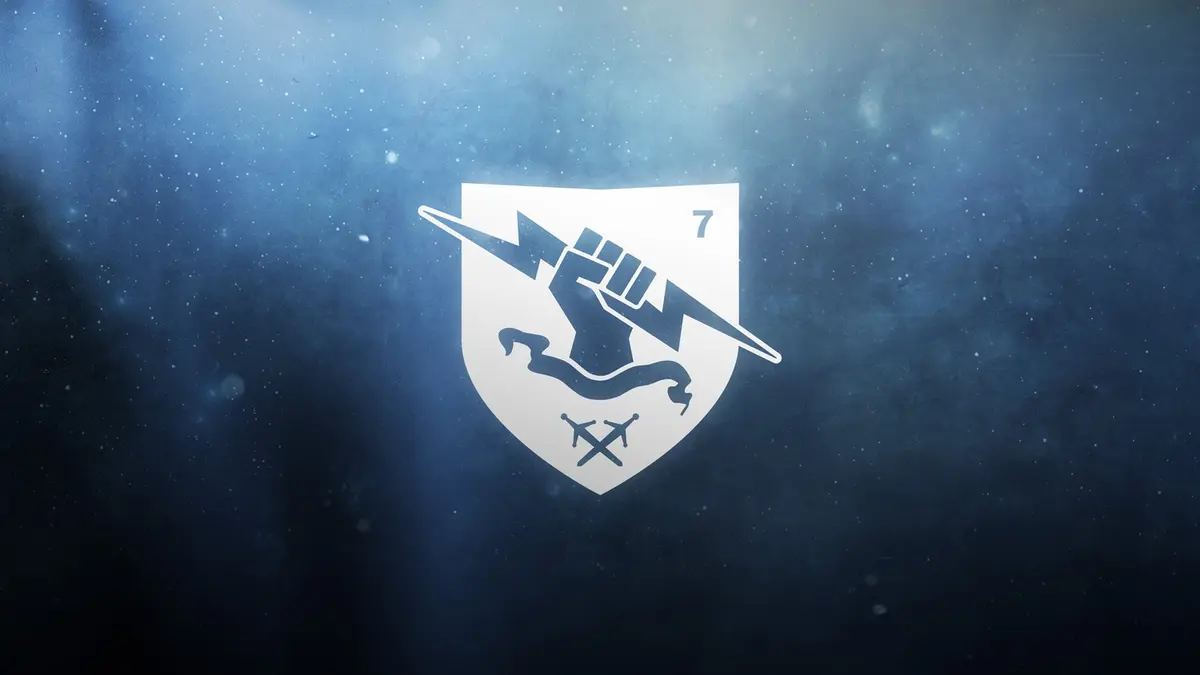 The Bungie crest - a white shield bearing a hand holding a lightning bolt above a wave and crossed swords, marked with a seven - centred on a deep blue starfield nebula.