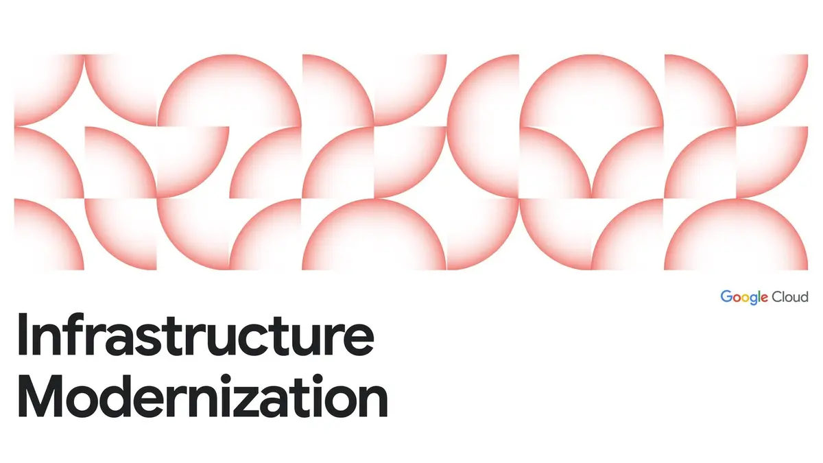 Google Cloud Blog graphic titled Infrastructure Modernization, showing a repeating pattern of pink crescents above the words “Infrastructure Modernization” and the Google Cloud logo