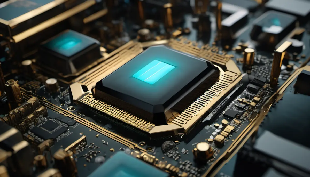 A macro view of a large chip package on a dark circuit board, with a glowing cyan die seated on a gold-framed interposer