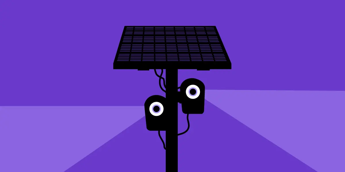 Illustration of an automated licence plate reader camera on a pole against a purple background