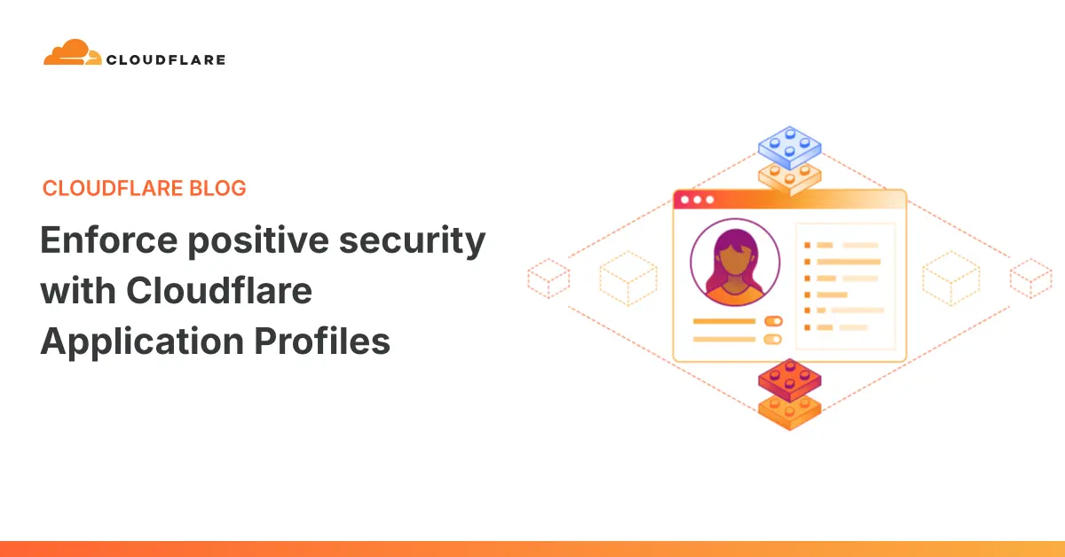 Cloudflare blog card reading 'Enforce positive security with Cloudflare Application Profiles' beside an isometric request-inspection illustration