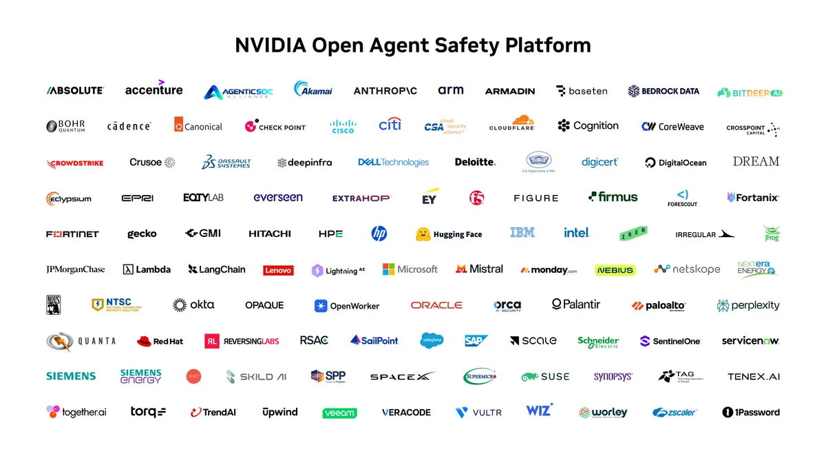 NVIDIA Open Agent Safety Platform promotional artwork showing a glowing blue AI security interface and connected system elements.