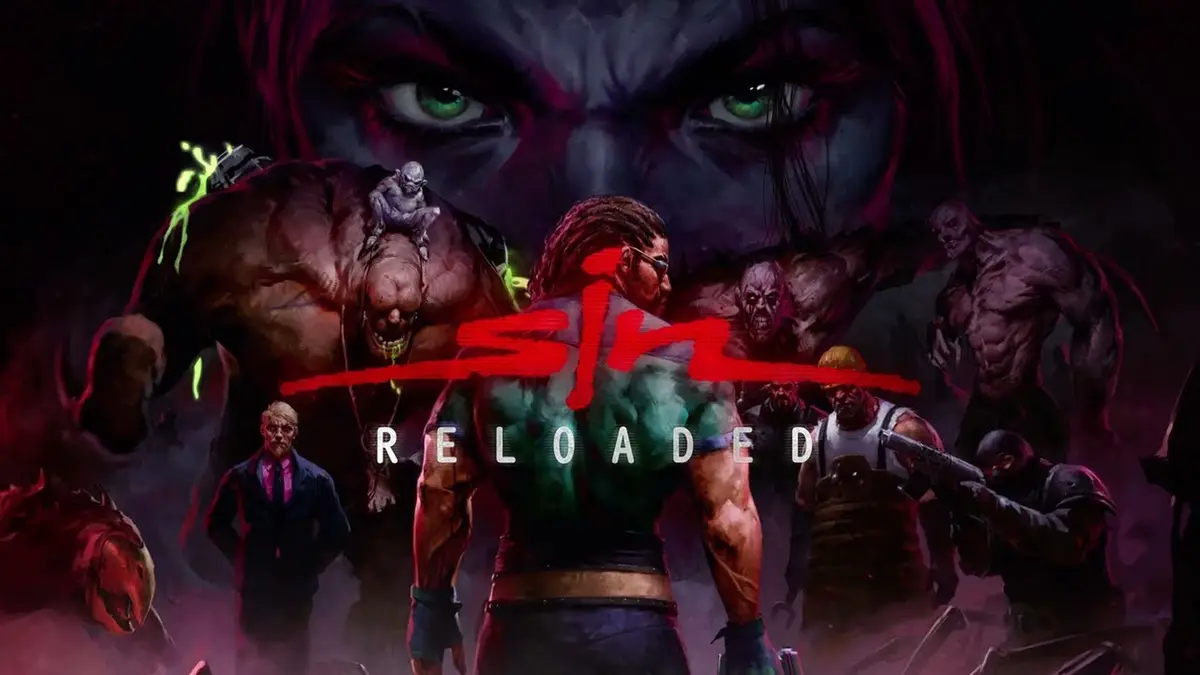 SiN: Reloaded key art: Colonel John Blade stands with his back to the camera in the foreground, the red SiN Reloaded logo sits across the middle, and Elexis Sinclaire's giant green-eyed face looms over a crowd of mutants and armed gunmen.