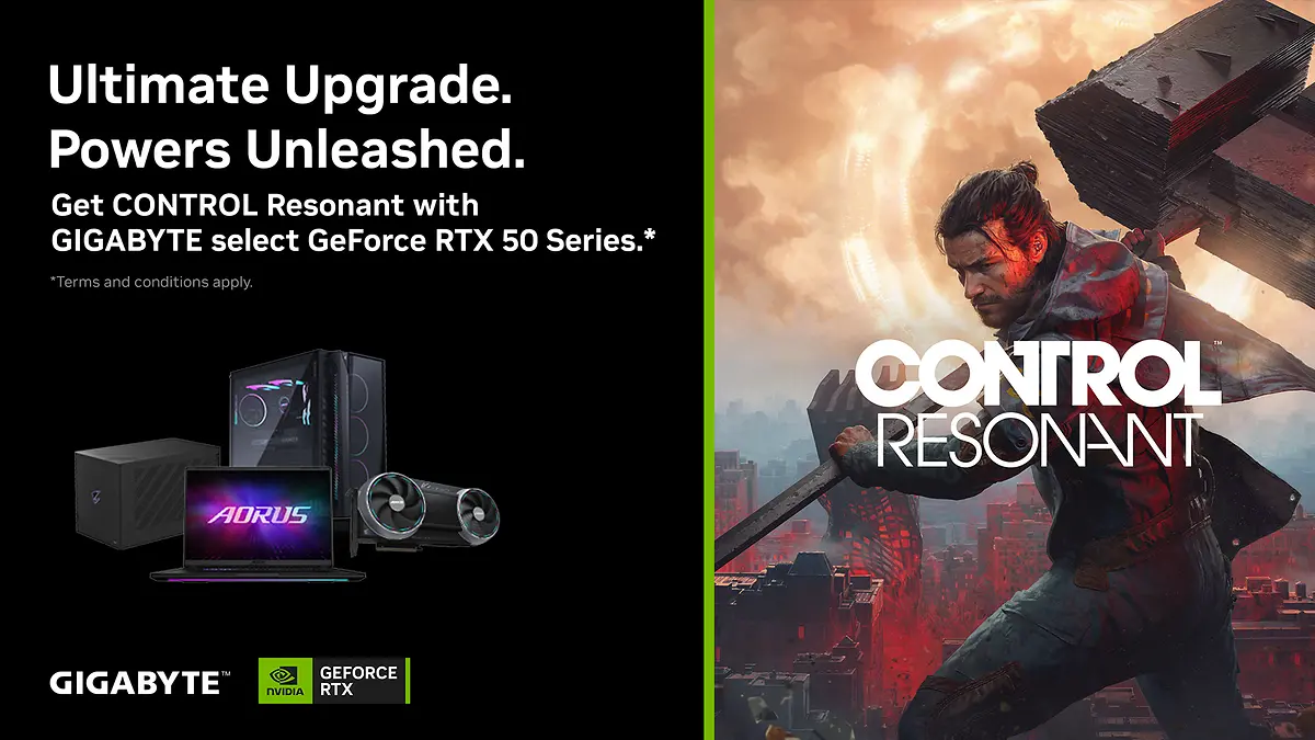 GIGABYTE GeForce RTX 50-series gaming hardware promotional artwork for the CONTROL Resonant game bundle.