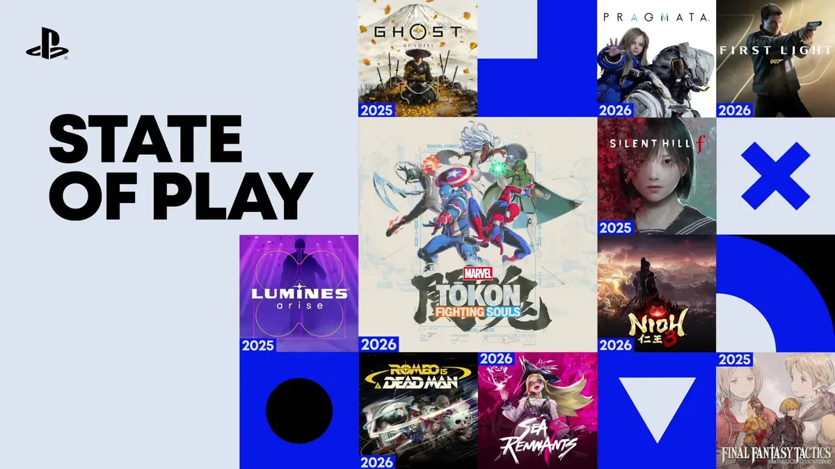 PlayStation State of Play artwork featuring upcoming games including Ghost of Yōtei, Pragmata, 007 First Light, Silent Hill f and Final Fantasy Tactics.
