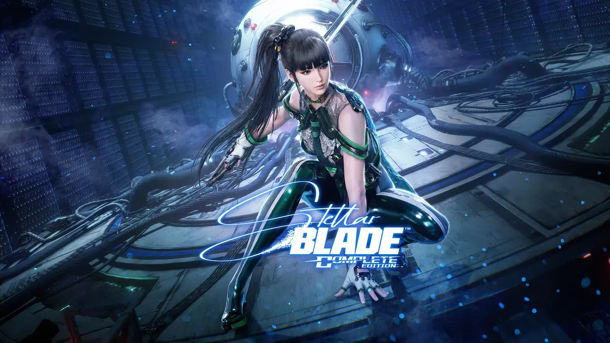 Eve, the hero of Stellar Blade, crouched on a cable-strewn starship deck beneath the Stellar Blade: Complete Edition logo.
