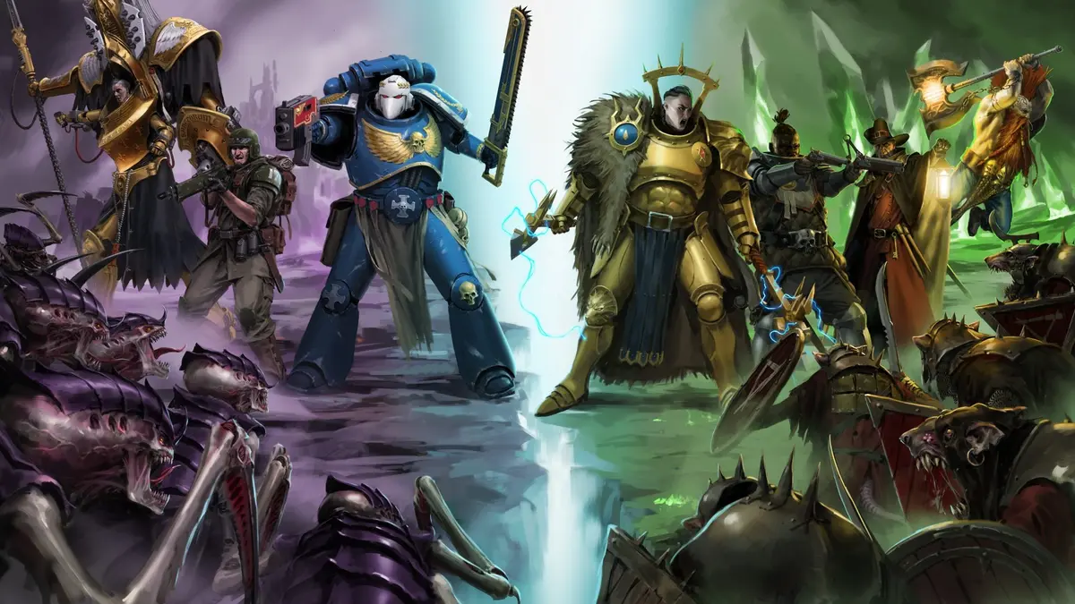 Key art for Warhammer Survivors: a blue-armoured Space Marine, a golden Sister of Battle in a Paragon Warsuit and a fur-cloaked Stormcast Eternal standing against purple Tyranids and armoured Skaven on a dark battlefield