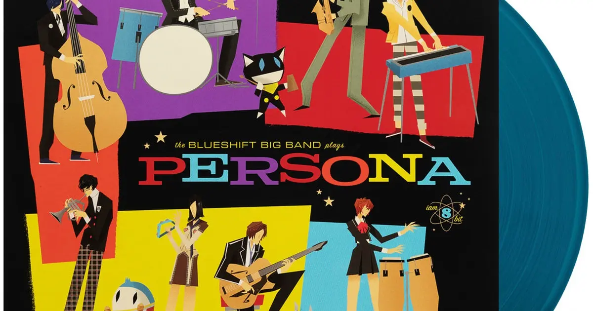The front cover of the Persona 30th Anniversary Jazz Album, showing Persona characters — a bassist, drummer, guitarist, trumpeter and the series' black and white cat mascot — drawn as a jazz big band beneath rainbow-striped Persona lettering, with the album's blue record tucked behind the sleeve.