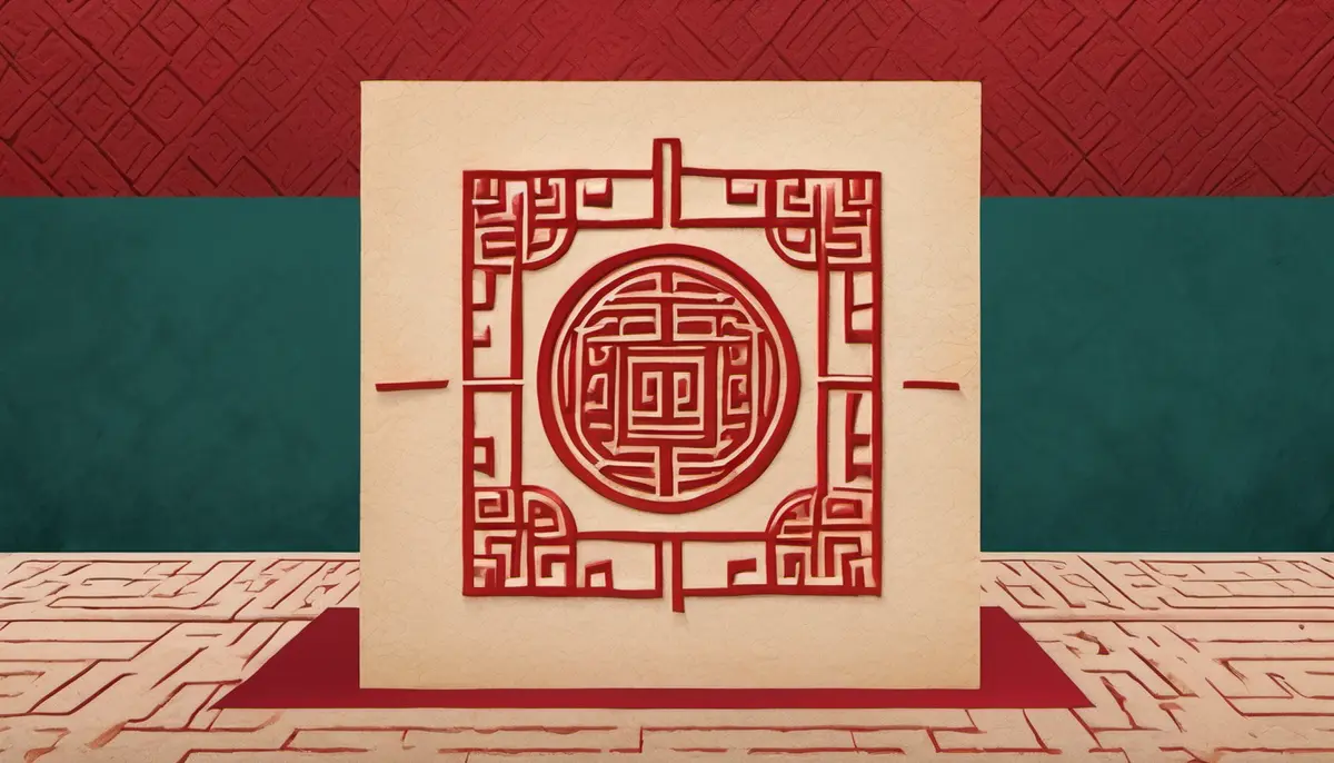 An abstract crimson seal-script impression stamped on cream paper, its carved grooves forming a square maze around a circular motif, set against a deep teal surface.