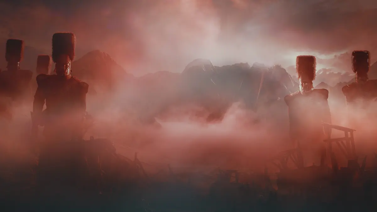 Armoured soldiers in tall bearskin hats stand in drifting red mist among snowbound mountains and broken artillery.