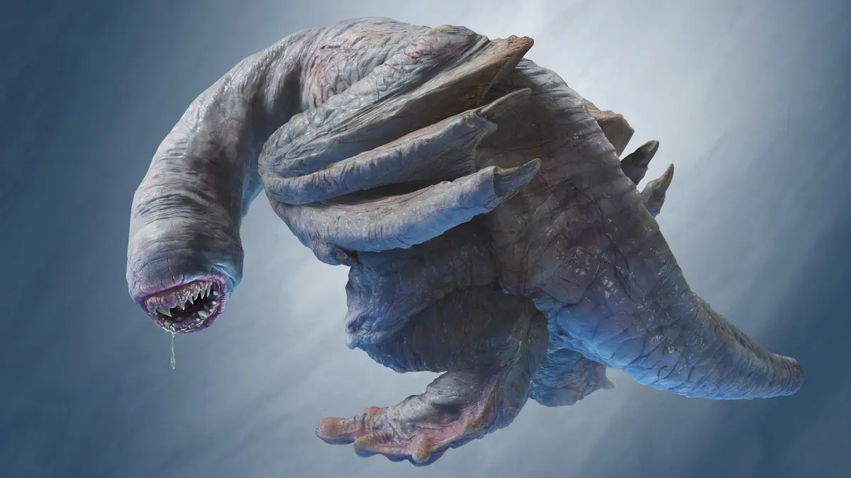 Capcom's render of Khezu, the pale eyeless wyvern, coiled with its neck curving forward and its toothed mouth open, against a pale blue backdrop.