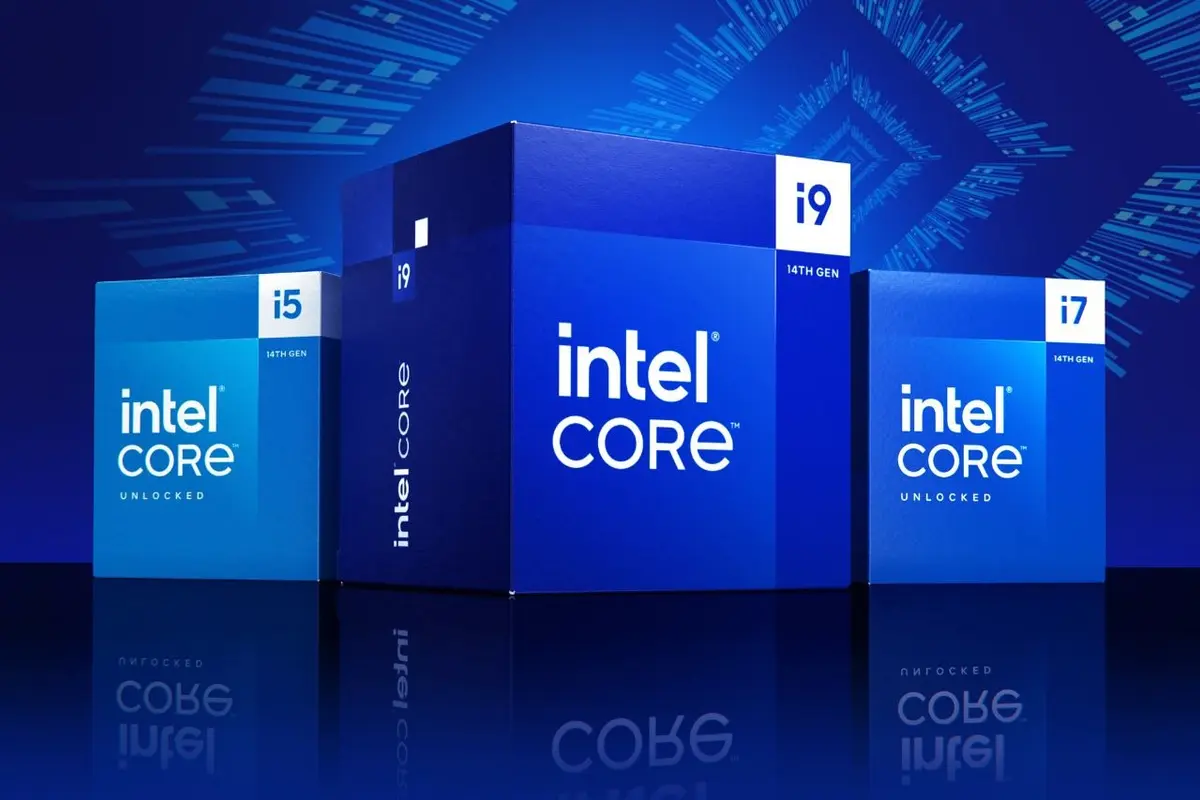 Intel Core i5, i7 and i9 desktop processor retail boxes on a reflective surface with blue digital graphics in the background.