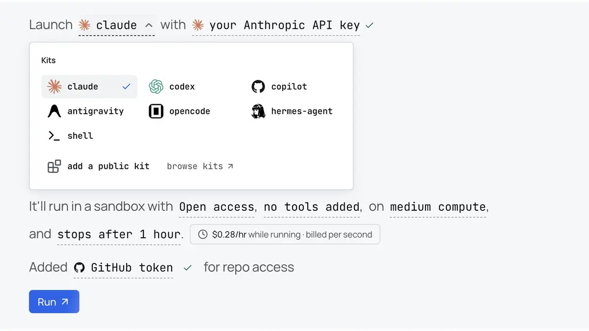 Docker's web console showing the Cloud Sandboxes launch panel, with kits for Claude, Codex, Copilot, Antigravity, Open Code, hermes-agent and a shell, a GitHub token added for repository access and a blue Run button