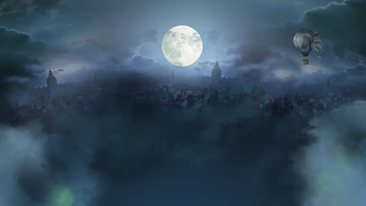 Night-time Victorian London under a full moon, with an elephant-shaped hot air balloon drifting above the rooftops, the artwork for Heir of the Dog