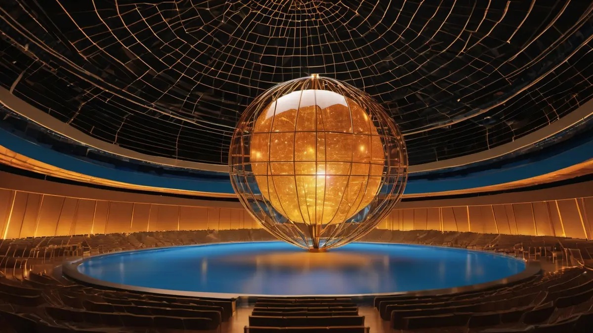A golden glowing globe held inside a fine wire cage, suspended above a blue circular floor in a vast tiered assembly hall lit by warm light.