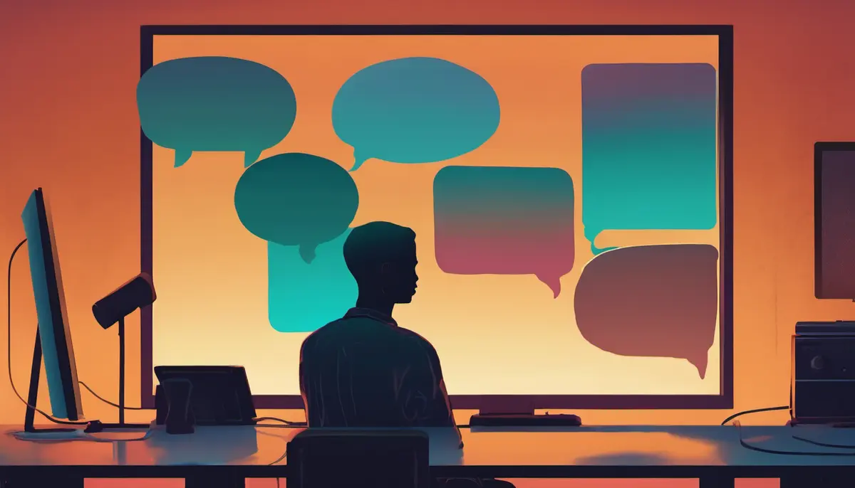 A silhouetted figure sits at a desk facing a large monitor filled with empty speech bubbles that spill out into the room around them.