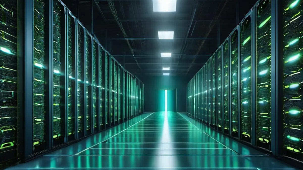 A symmetrical aisle of glowing server racks inside a dark data centre, lit by bright ceiling panels that recede towards an illuminated doorway at the end of the corridor