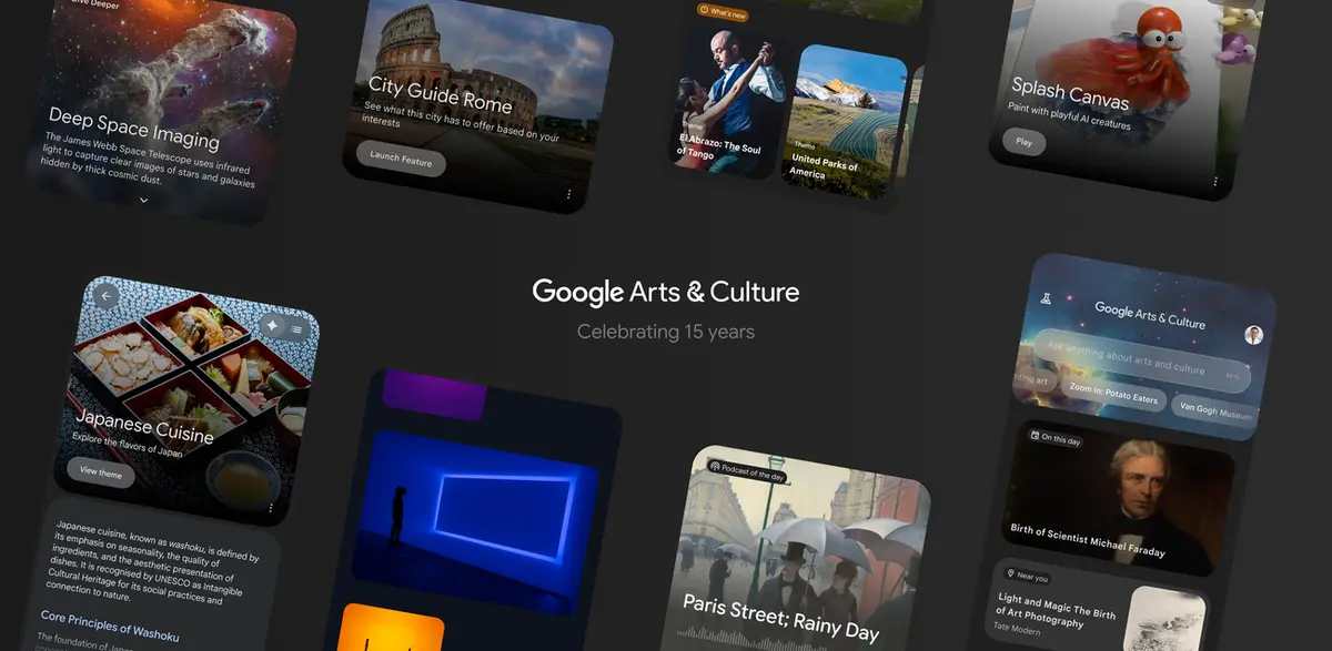 Screens from the redesigned Google Arts & Culture app with the words Celebrating 15 years