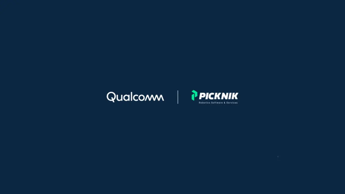 The Qualcomm wordmark and the PickNik robotics software logo set side by side on a dark navy background, separated by a thin vertical rule.