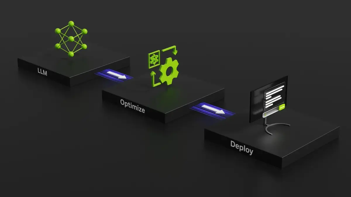 A dark NVIDIA illustration showing three floating platforms labelled LLM, Optimize and Deploy, linked by glowing arrows and green icon graphics with a browser window on the final stage