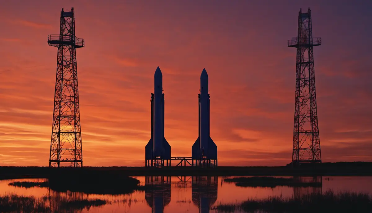 Two stainless-steel rockets stand silhouetted between tall lattice launch towers on a coastal launch complex at sunrise, their reflections caught in the marsh water in the foreground against a deep orange and violet sky.