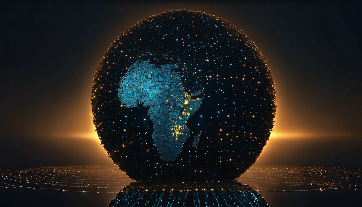 A glowing globe made of thousands of small connected data points, with Africa picked out in blue