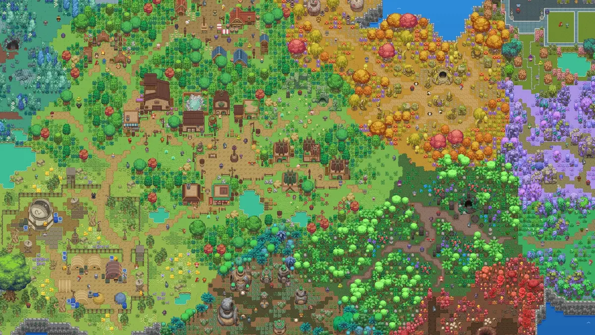 A colourful pixel-art fantasy overworld in Let's Build a Dungeon, with castles and cottages among green, autumn orange and purple trees, small figures working and a river winding across the map.