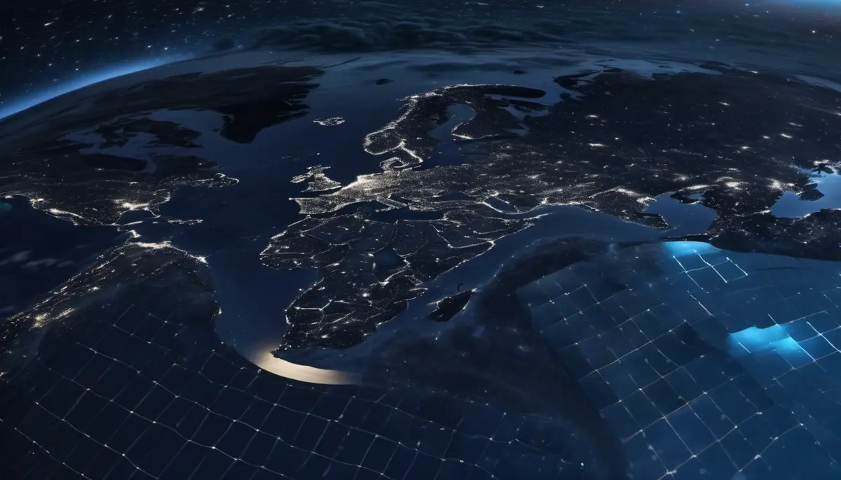 Earth’s night side seen from orbit, with city lights strung across Europe and Africa and a thin band of airglow along the horizon beneath a starfield