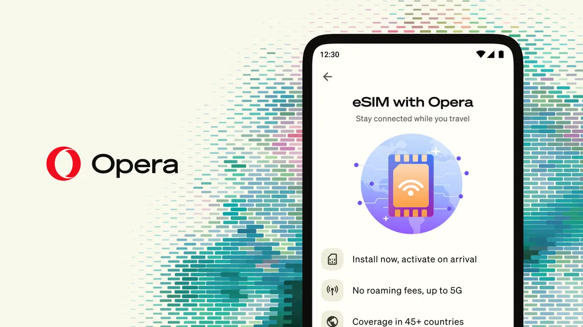 An Opera for Android phone screen showing the eSIM with Opera feature and its travel data options