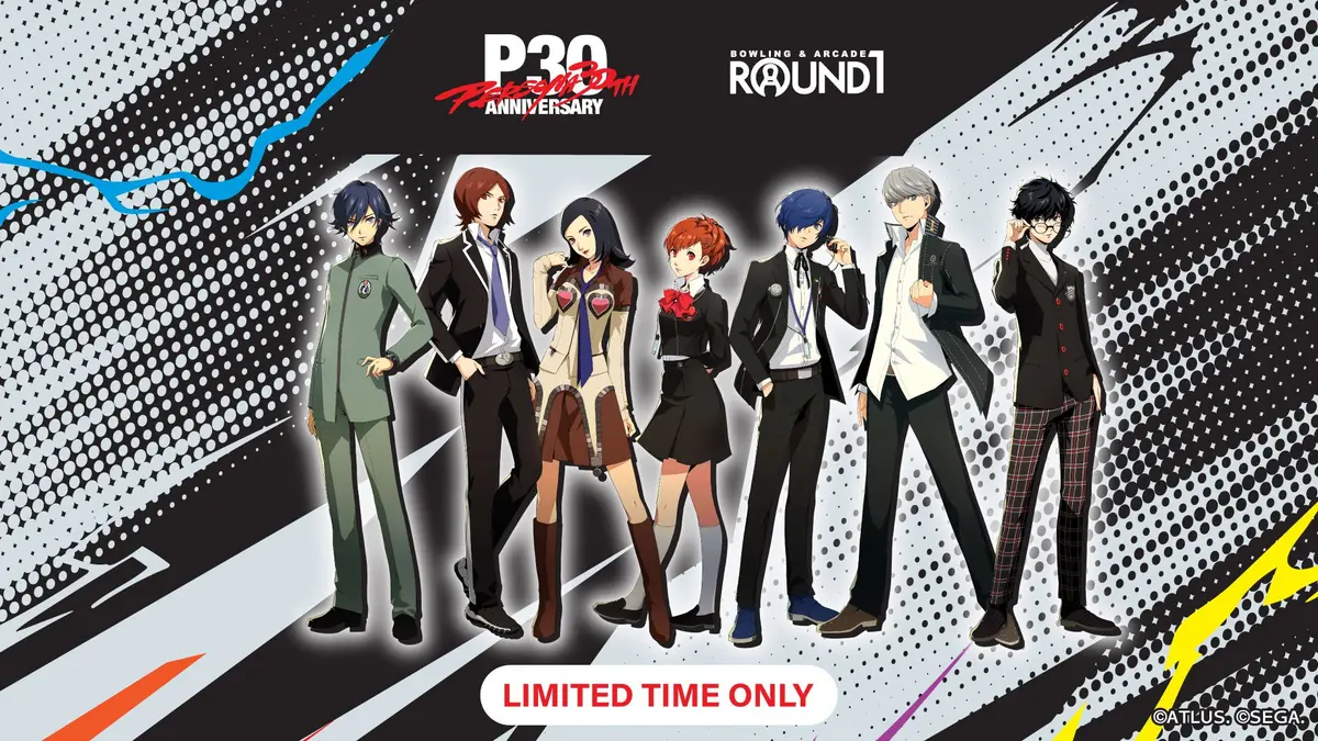 Persona 30th Anniversary key art showing seven protagonists from across the series lined up beside the P30 Anniversary and Round1 logos, above the words “Limited Time Only”.
