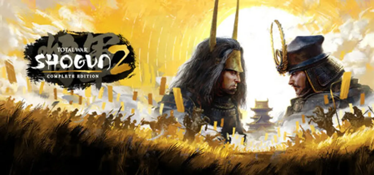 Key art for Total War: SHOGUN 2 - Complete Edition showing two armoured samurai commanders facing each other on a battlefield with a castle burning between them