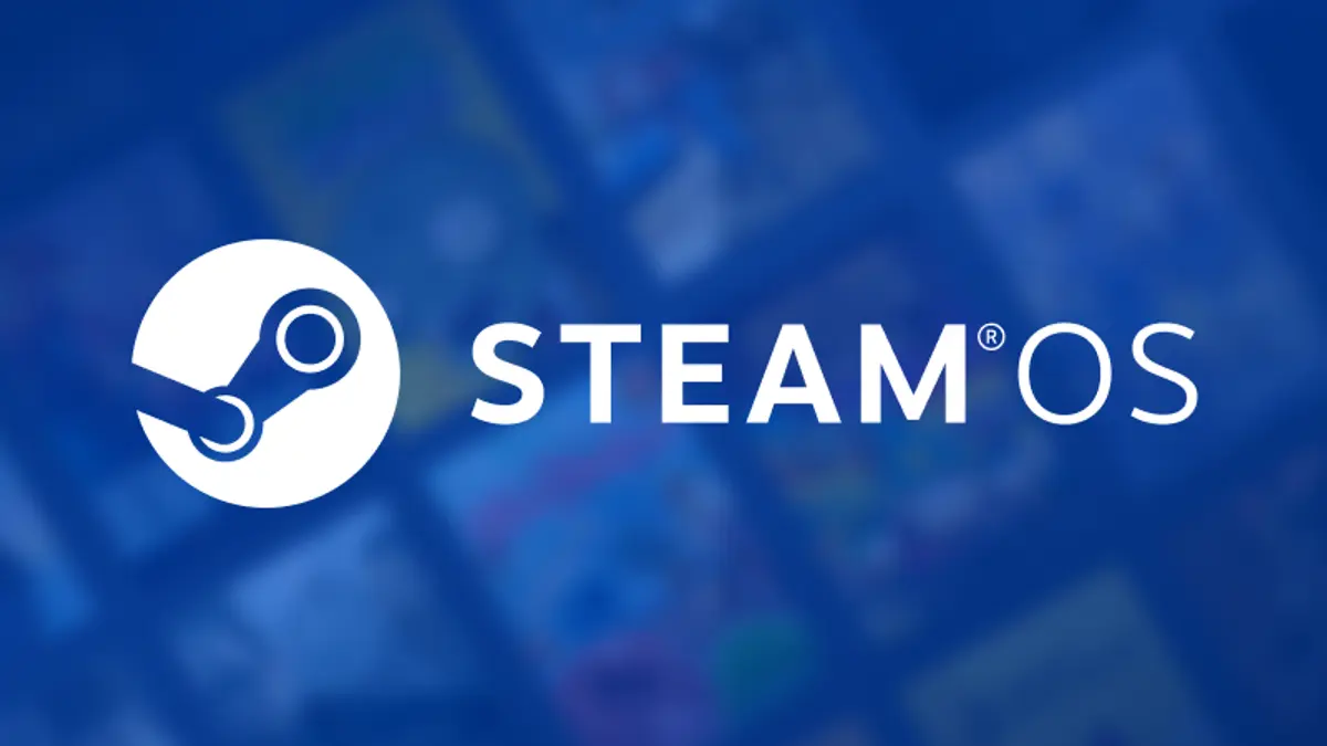 The SteamOS wordmark and Steam logo on a deep blue background showing a blurred grid of game artwork.