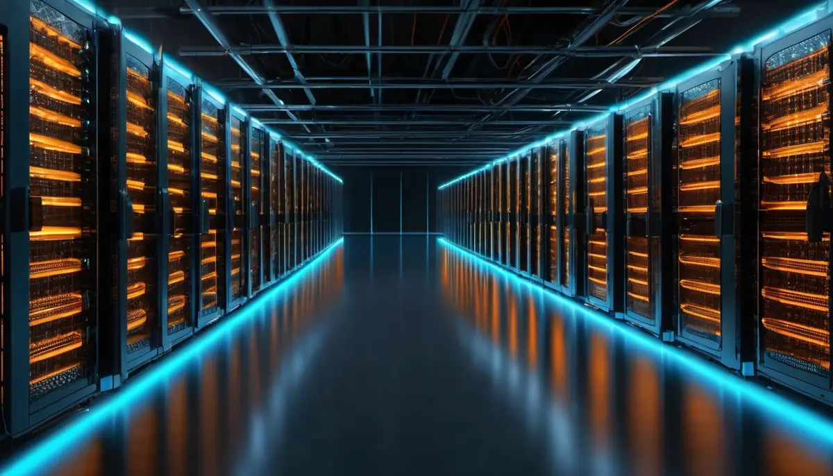 A dark data-centre corridor lined with server racks glowing blue and amber, receding to a vanishing point at the centre of the frame