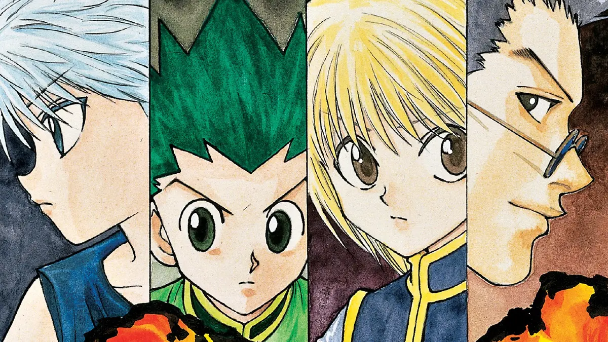 Hunter x Hunter key art showing Gon, Killua, Kurapika and Leorio as four watercolour portraits arranged side by side