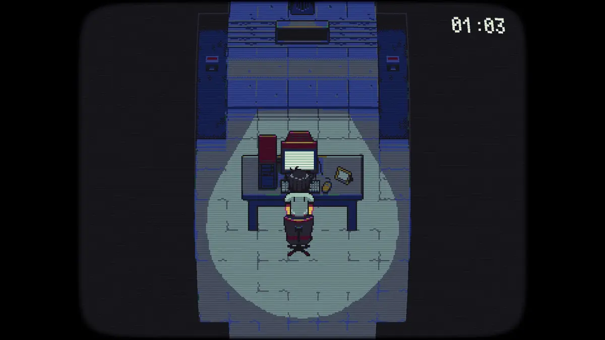 A lone pixel-art worker sits at a desk under a spotlight in a dim office in WORK WORK WORK, with a task timer counting down in the corner