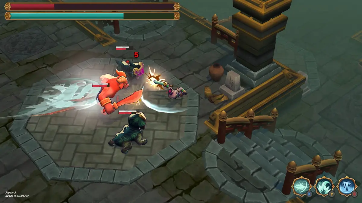 A combat encounter in *Nothing Lost*: a horned red hero swings a glowing blade at armoured enemies on a stone platform while the boss health bar fills the top of the screen