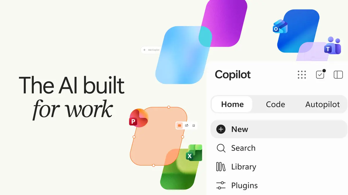Microsoft Copilot logos and the words The AI built for work on a clean branded hero image.